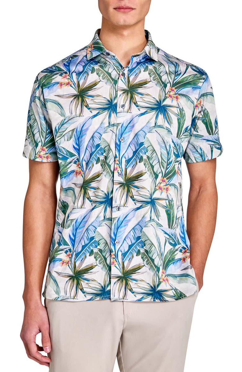 CONSTRUCT Regular Fit Tropical Chambray Recycled Performance Golf Button-Down Shirt, Main, color, Cream