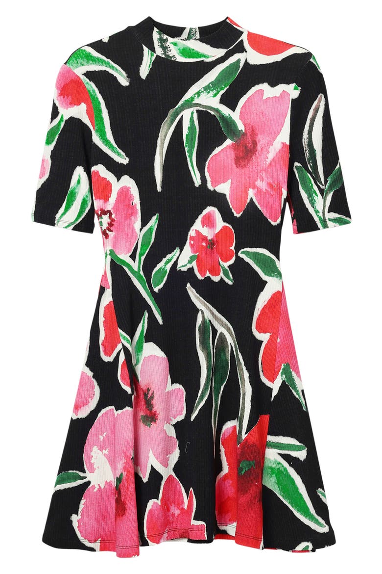 Short Floral Skater Dress, Alternate, color, BLACK