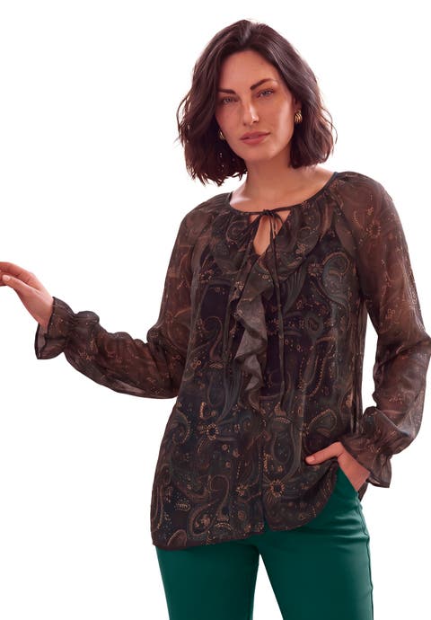 Plus Size Chiffon Flounce Tie Neck Blouse