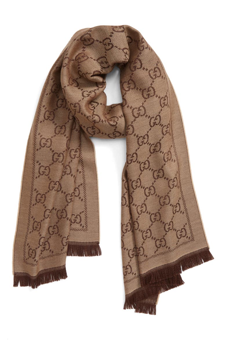 GG Jacquard Wool Scarf, Alternate, color, LT.BRWN/ DK.BROWN