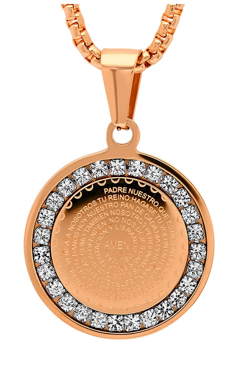 STEELTIME 18K Rose Gold Plated Simulated Diamond Padre Nuestro Prayer Disc Pendant Necklace, Main, color, Rose