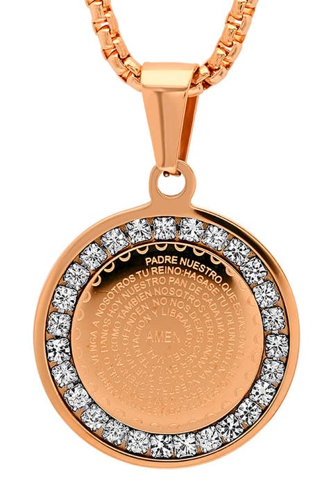 18K Rose Gold Plated Simulated Diamond Padre Nuestro Prayer Disc Pendant Necklace