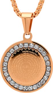 STEELTIME 18K Rose Gold Plated Simulated Diamond Padre Nuestro Prayer Disc Pendant Necklace