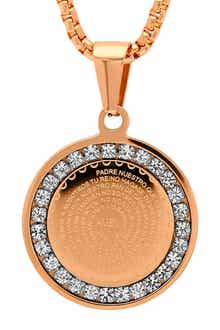 STEELTIME 18K Rose Gold Plated Simulated Diamond Padre Nuestro Prayer Disc Pendant Necklace