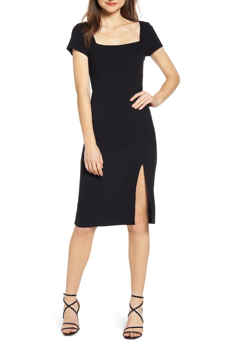 Ribbed Square Neck Dress, Main, color, BLACK