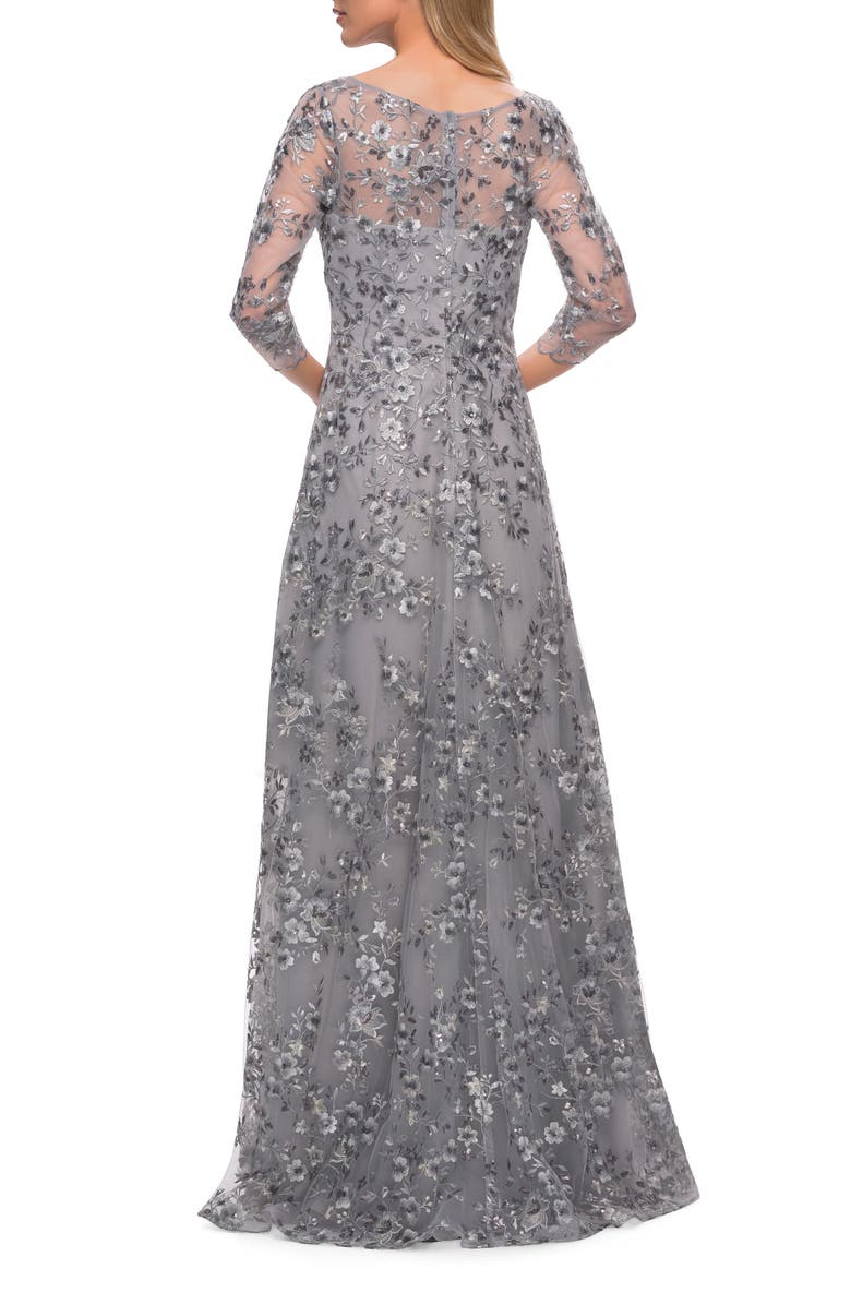 La Femme Metallic Sequin & Lace A-Line Gown, Alternate, color, 