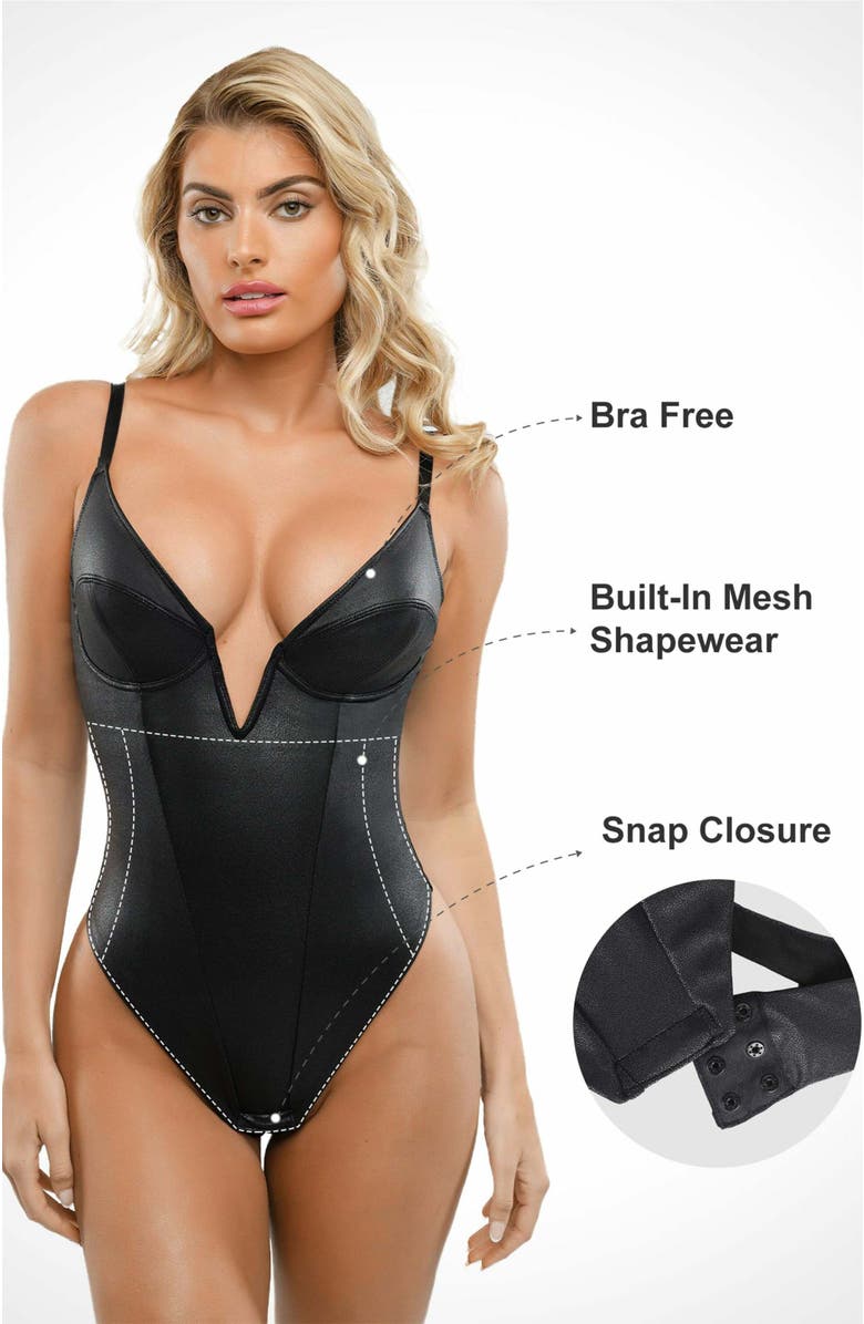 Popilush Shapewear Faux Leather Plunging V Sculpting Corset Bodysuit, Alternate, color, Midnight Black