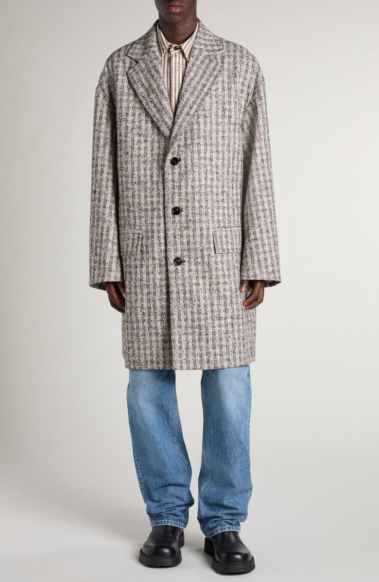 Bottega Veneta Gingham Wool Blend Bouclé Topcoat, Alternate, color, Black/ Loam/ Chalk