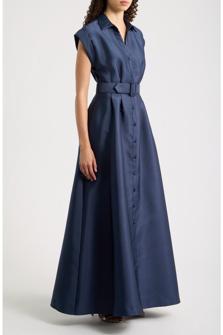Short Sleeve Belted A-Line Satin Shirtdress, Alternate, color, NAVY