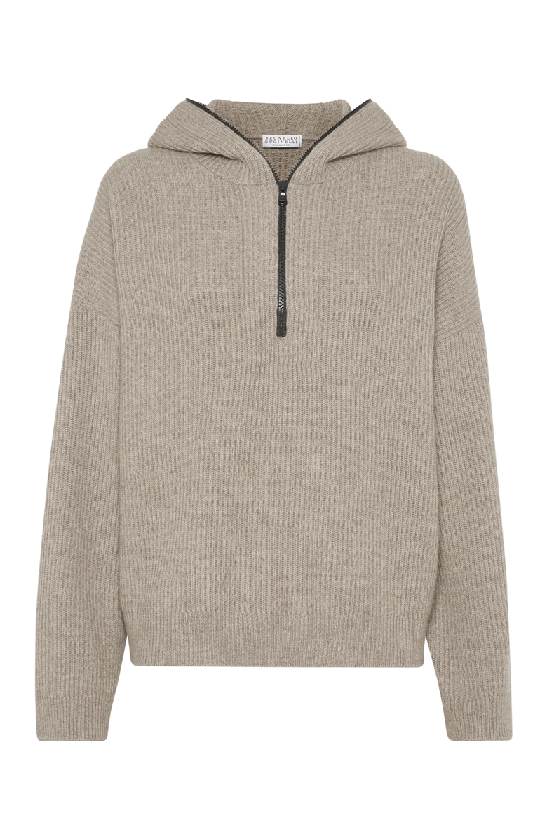 Brunello Cucinelli Cashmere English rib knit hooded sweater with shiny detail, Main, color, 