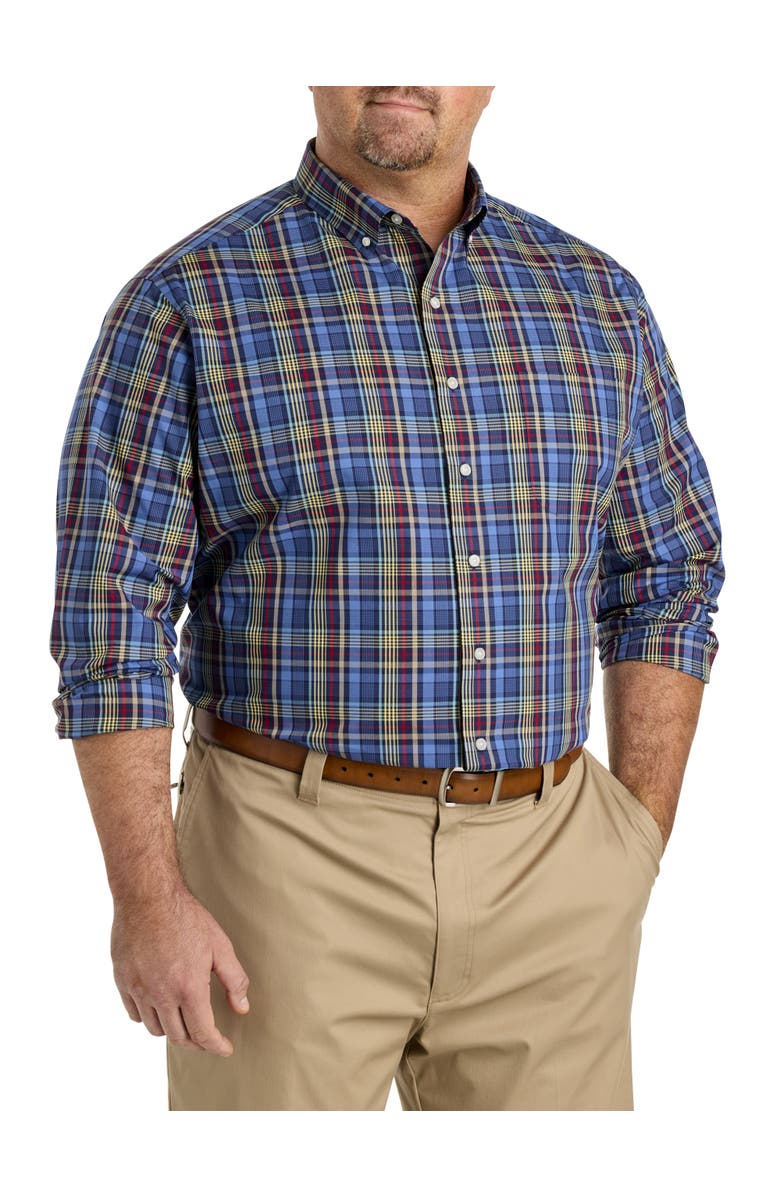 Oak Hill by DXL Big & Tall Plaid Performance Sport Shirt, Main, color, Navy