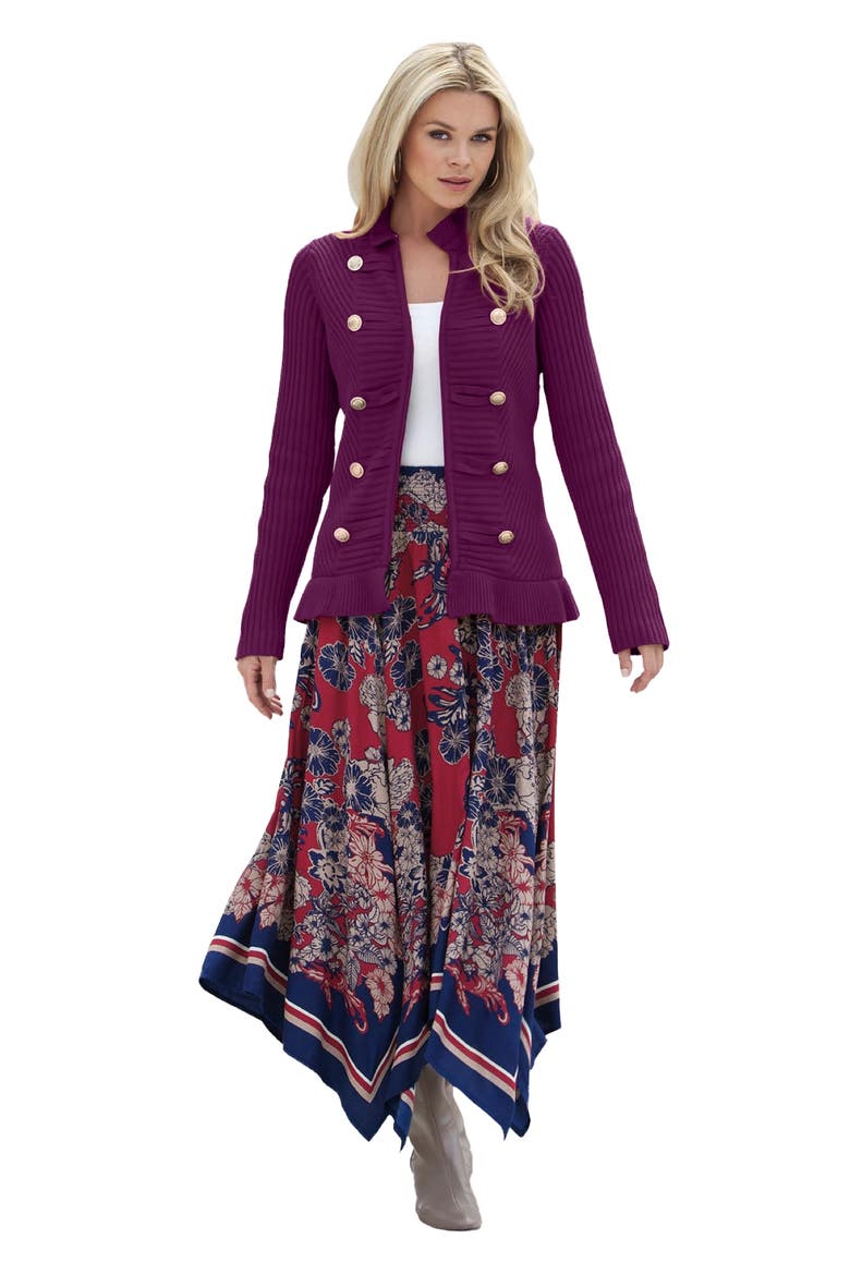 Plus Size Military Inspired Ribbed Cardigan Sweater, Main, color, DARK BERRY