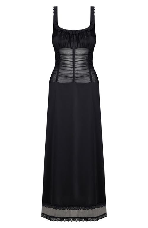 Lioness Kendall Ruched Lace Sleeveless Maxi Dress In Onyx
