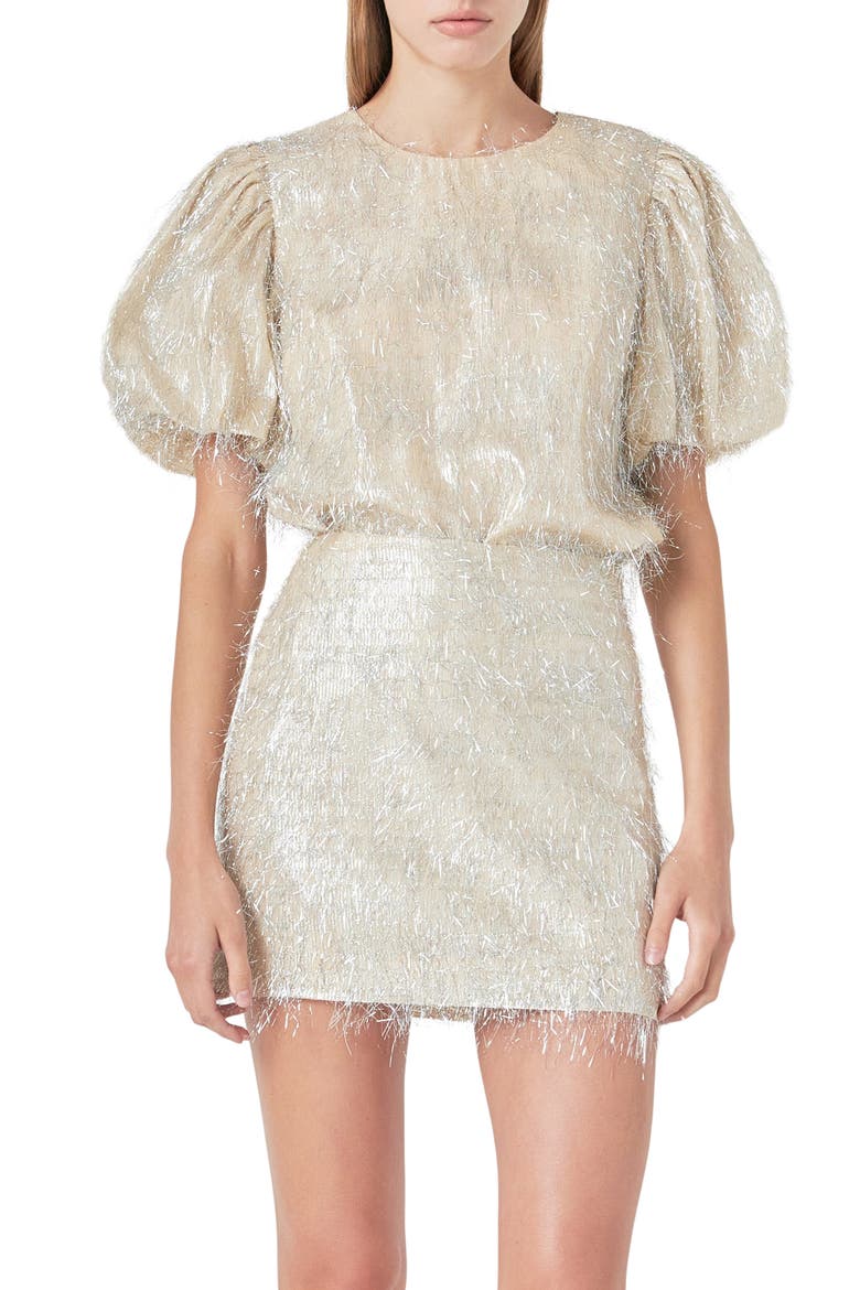 Metallic Fringe Puff Sleeve Top, Alternate, color, CHAMPAGNE