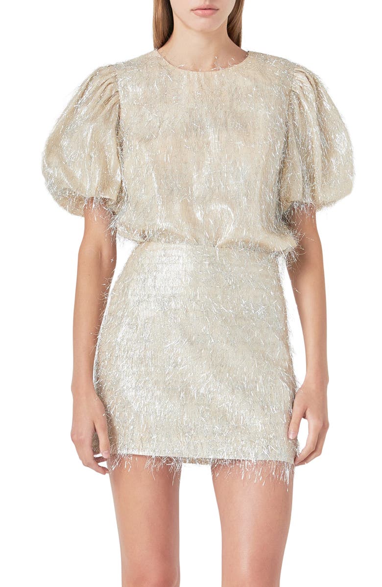 Endless Rose Metallic Fringe Puff Sleeve Top, Alternate, color, Champagne