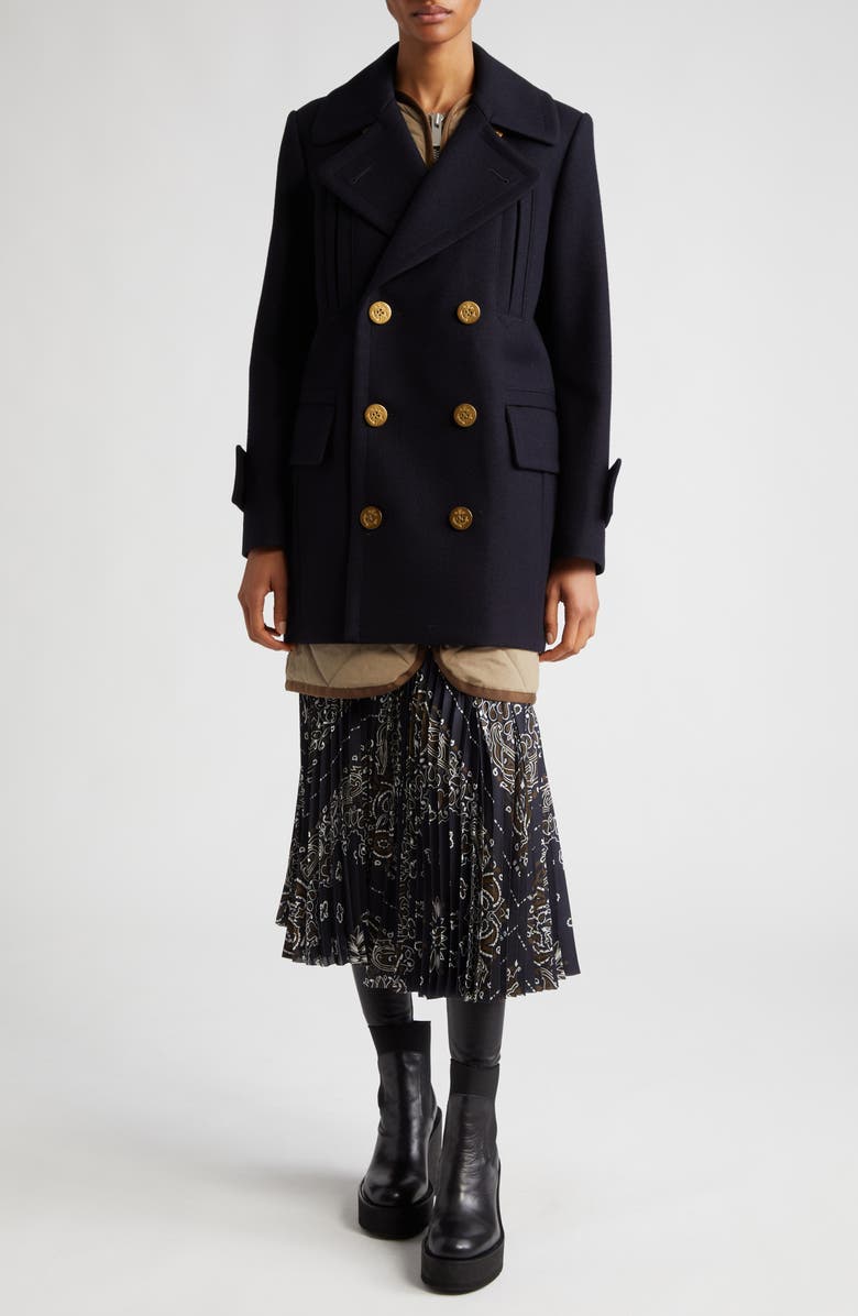 Sacai Double Breasted Wool Melton Coat, Alternate, color, 