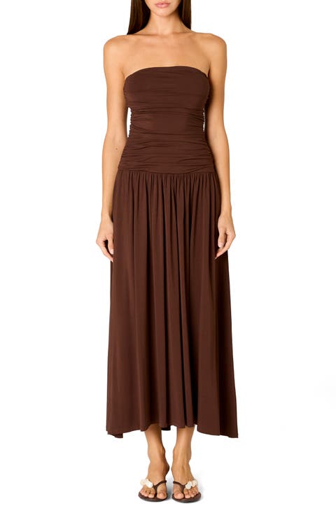 Santal Ruched Strapless Midi Dress
