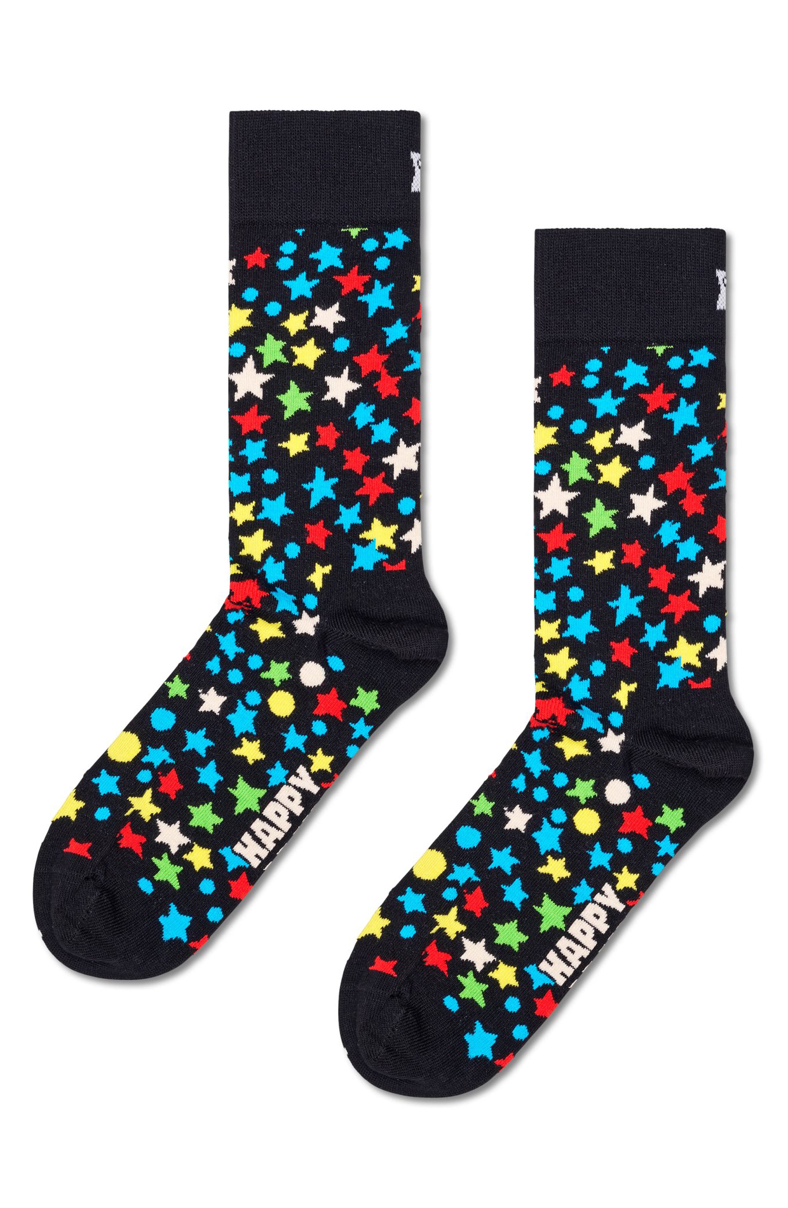 Happy Socks Stars Combed Cotton Blend Crew Socks in Black 
