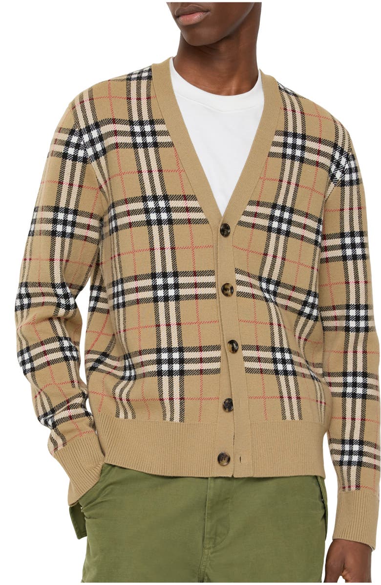 Burberry Check Cotton Wool Cardigan, Main, color, Sand Beige