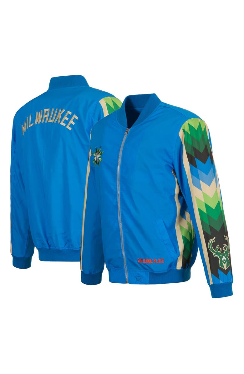 JH DESIGN Men's JH Design Blue Milwaukee Bucks 2022/23 City Edition Full-Zip Nylon Bomber Jacket, Alternate, color, 