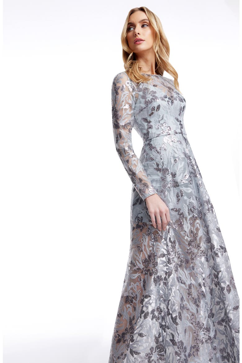 Ava Sequin Floral Long Sleeve A-Line Gown, Alternate, color, LIGHT ICE BLUE