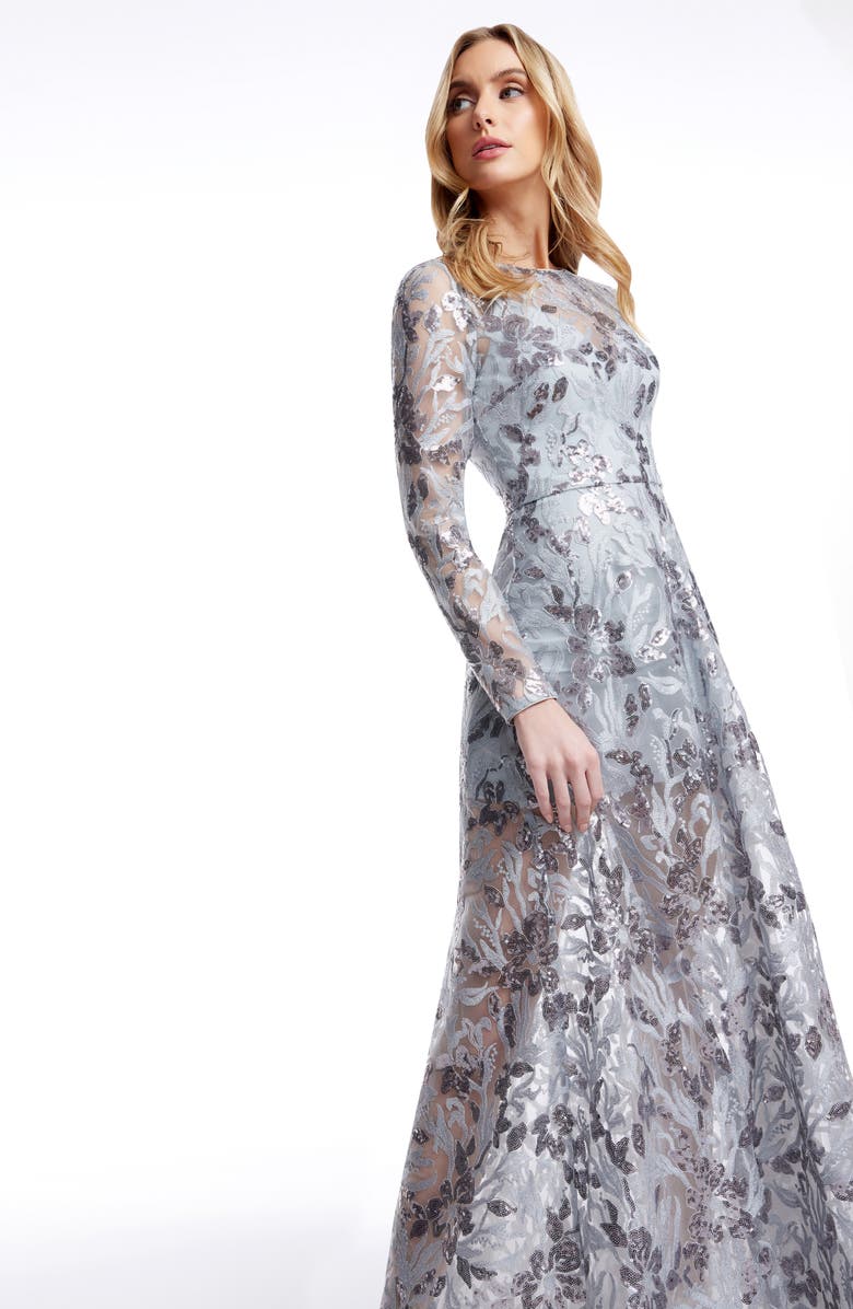 Dress the Population Ava Sequin Floral Long Sleeve A-Line Gown, Alternate, color, Light Ice Blue