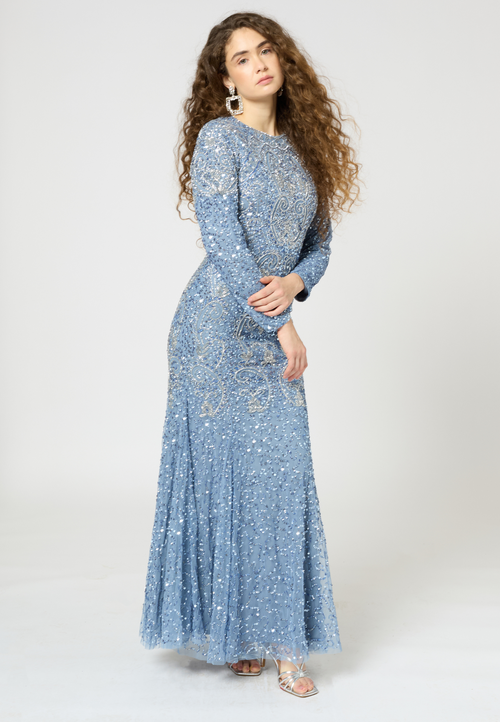 Maryisa Modest Embellished Sequin Beaded Maxi Occasional Dress