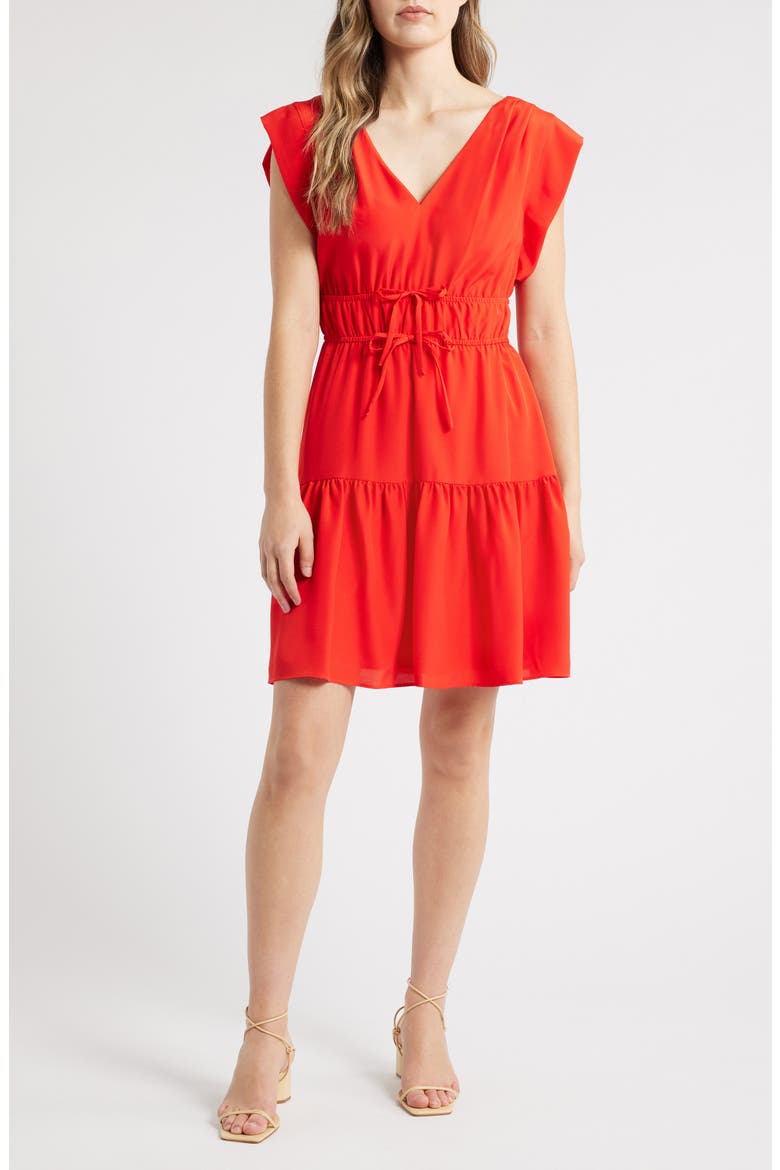 Obi Gathered Tie Waist Dress, Main, color, RED