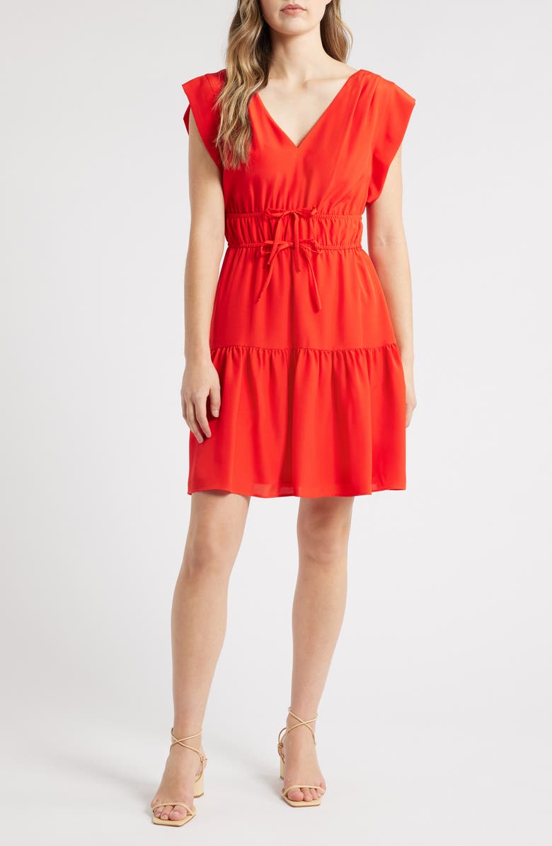 Eliza J Obi Gathered Tie Waist Dress, Main, color, Red