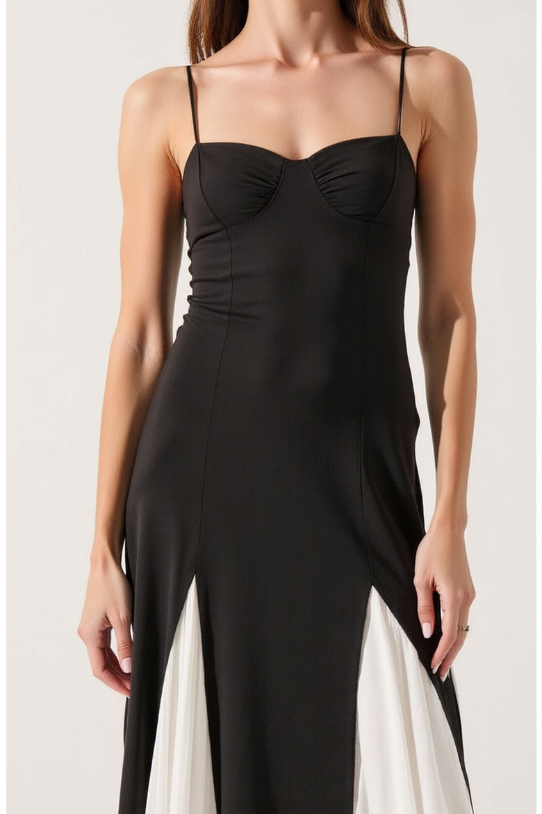 Spaghetti Strap Bustier Maxi Dress with Pleated Contrast Panels, Alternate, color, Black / White