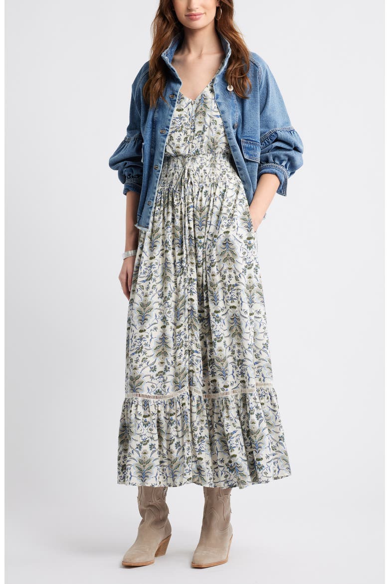 Print Smocked Waist Ruffle Hem Maxi Dress, Alternate, color, IVORY SHELL WILLOW FLORAL