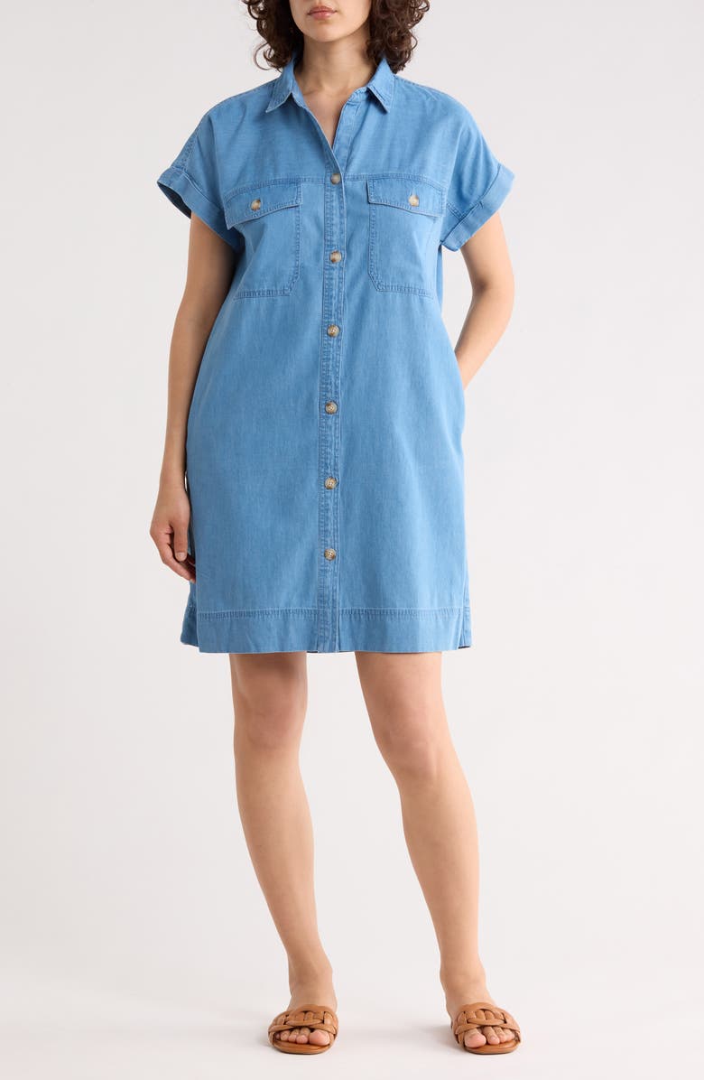 beachlunchlounge Beaux Boxy Short Sleeve Denim Shirtdress, Main, color, Medium Wash