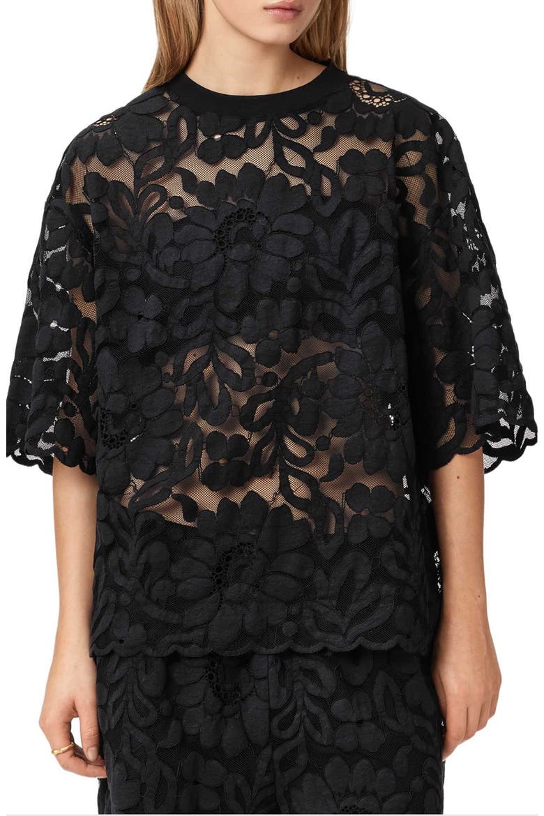 Amelie Floral Lace T-Shirt, Main, color, BLACK