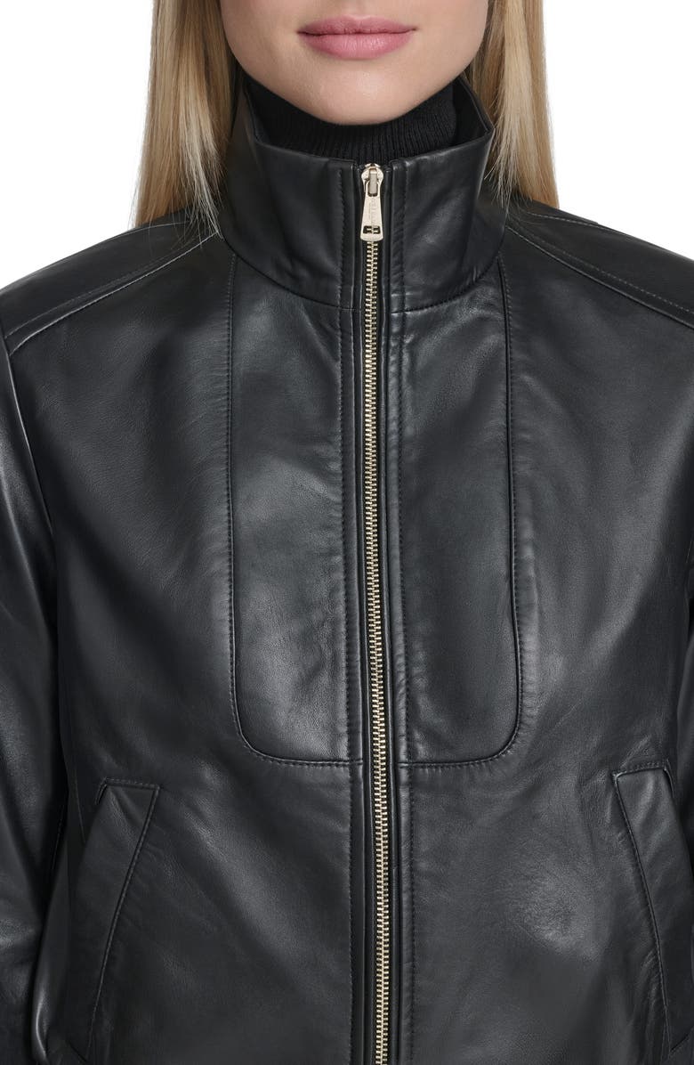 Cole Haan Stand Collar Leather Bomber Jacket, Alternate, color, Black