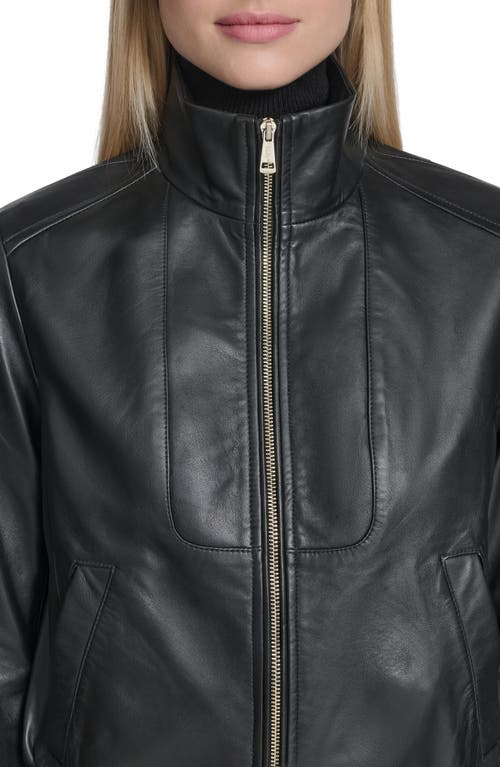 Cole Haan Stand Collar Leather Bomber Jacket In Black