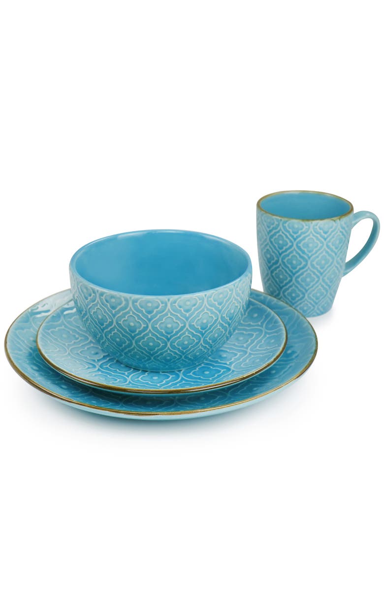 Elama Aqualite 16 Piece Embossed Stoneware Dinnerware Set, Alternate, color, Teal