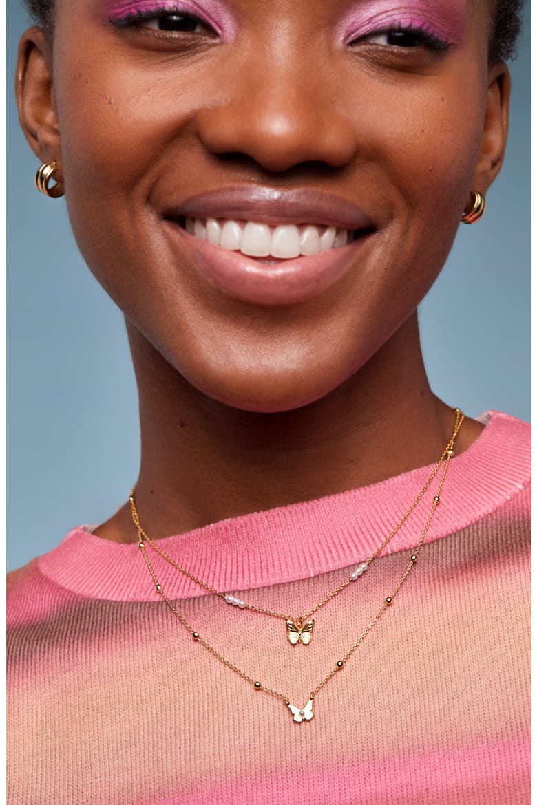 Butterfly & Faux Pearl Necklace, Alternate, color, GOLD