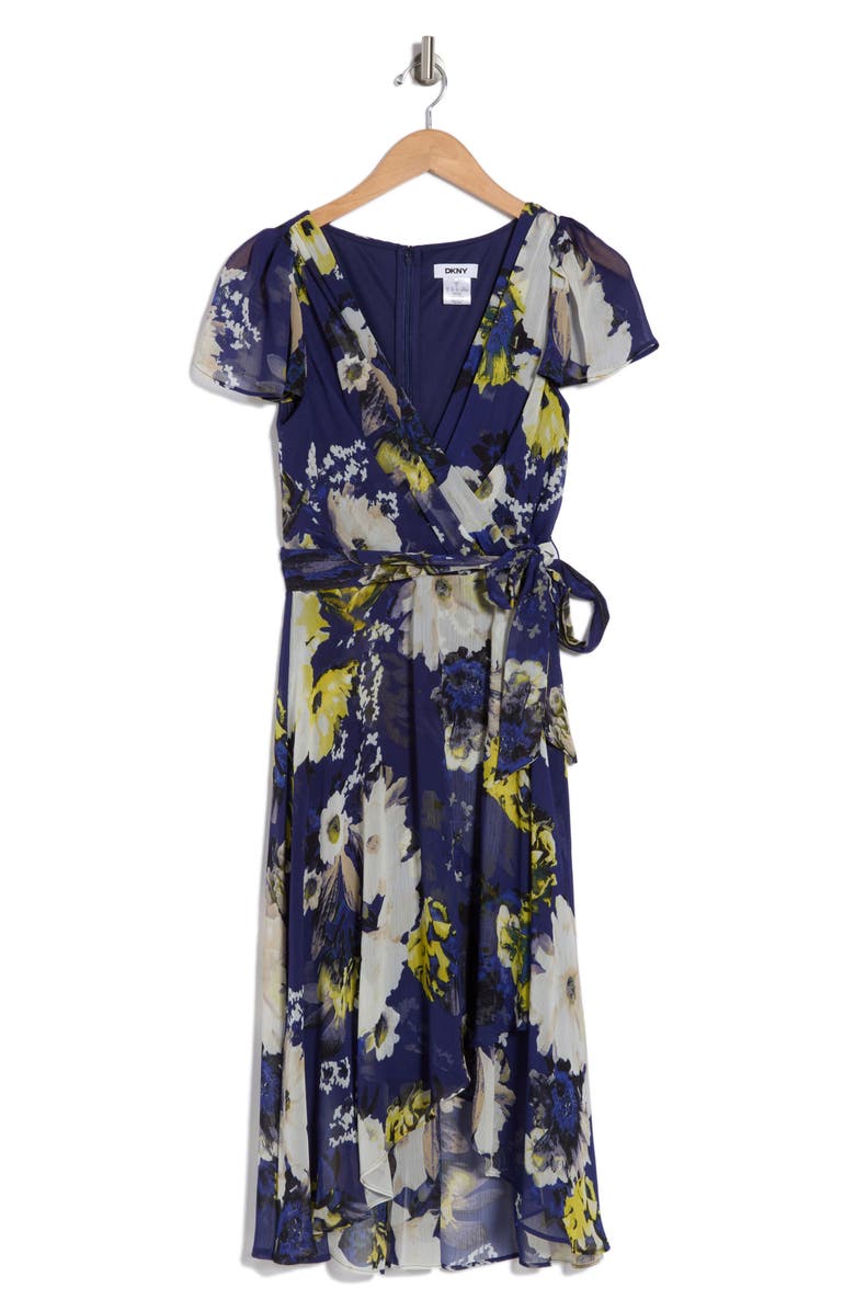 DKNY Floral Flutter Sleeve Faux Wrap Midi Dress, Alternate, color,