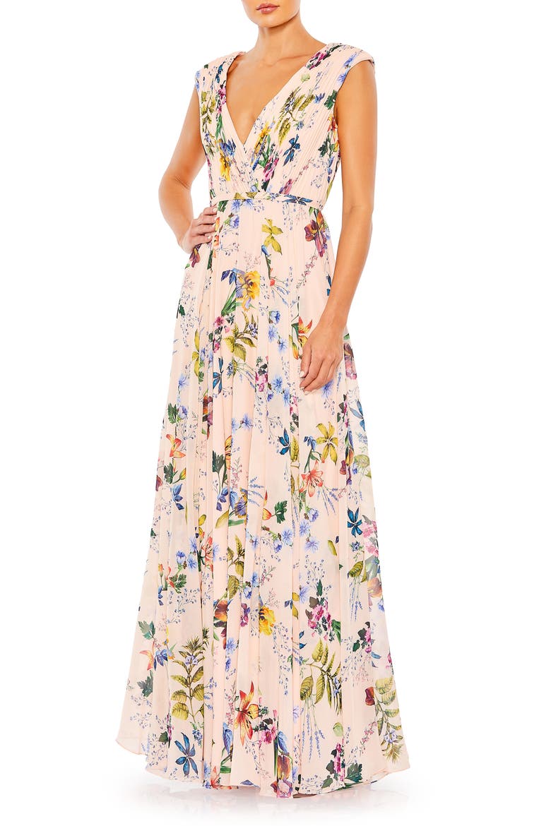 Pleated Floral Cap Sleeve A Line Gown, Main, color, PINK MULTI