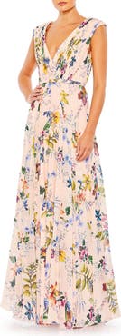Mac Duggal Pleated Floral Cap Sleeve A Line Gown