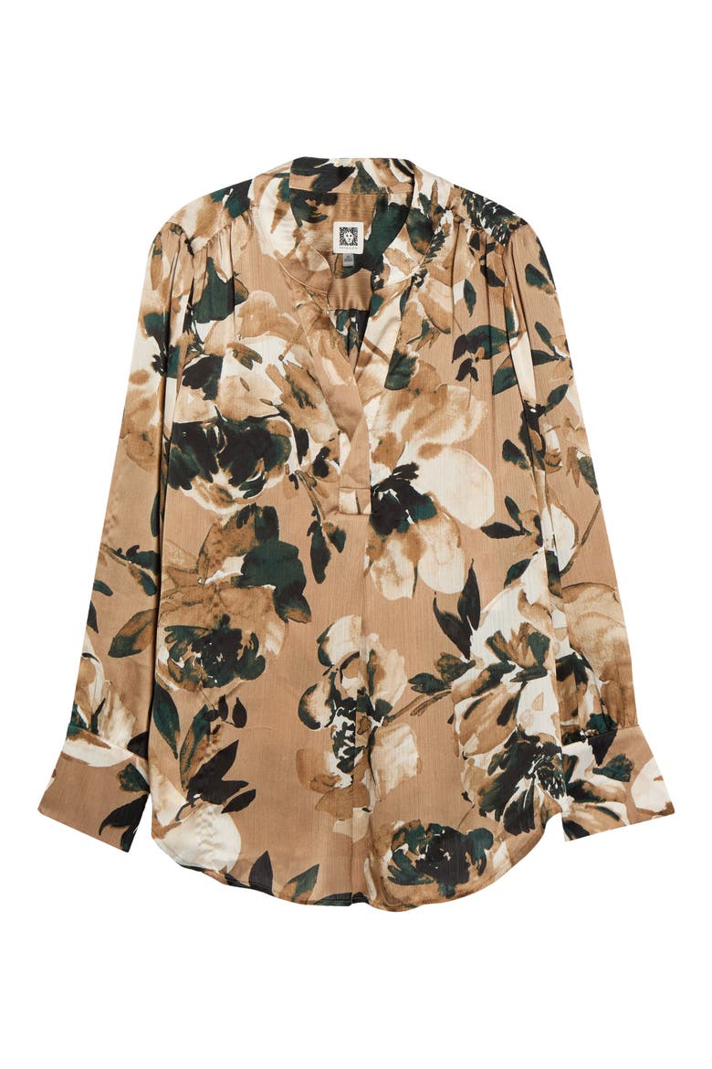 Pleated Front V-Neck Long Sleeve Top, Alternate, color, LIGHT COFFEE MULTI