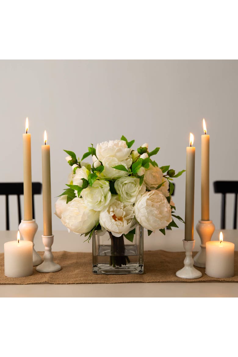 Wedding Collection 13-in Peony and Camellia Artificial Arrangement in Glass Vase, Alternate, color, Green/White