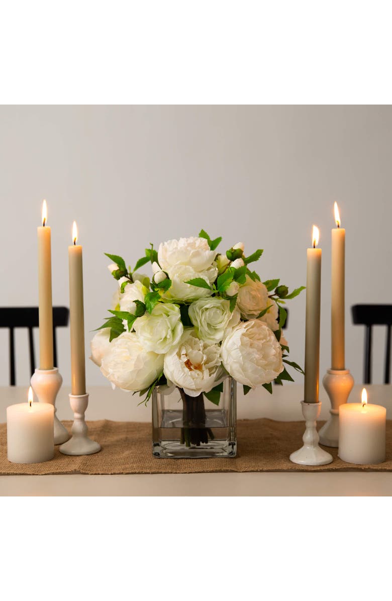 NEARLY NATURAL Wedding Collection 13-in Peony and Camellia Artificial Arrangement in Glass Vase, Alternate, color, Green/White