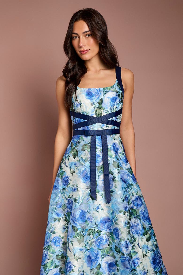 Floral Jacquard Midi Dress, Alternate, color, Blue