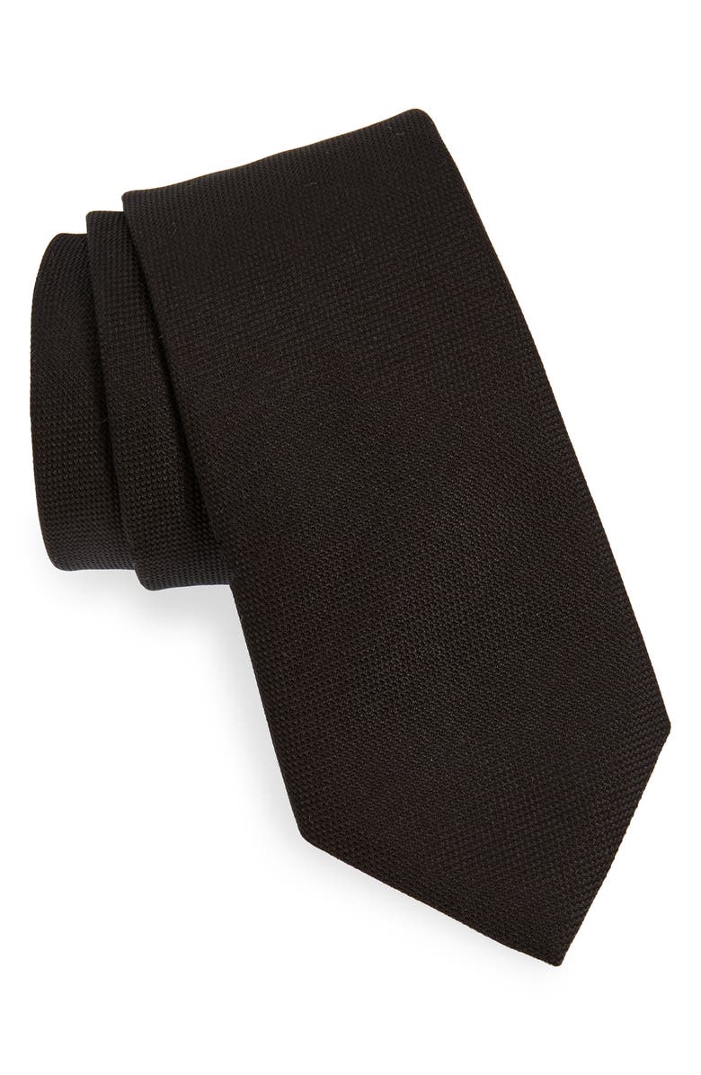 BOSS Solid Black Silk Tie, Main, color, Black