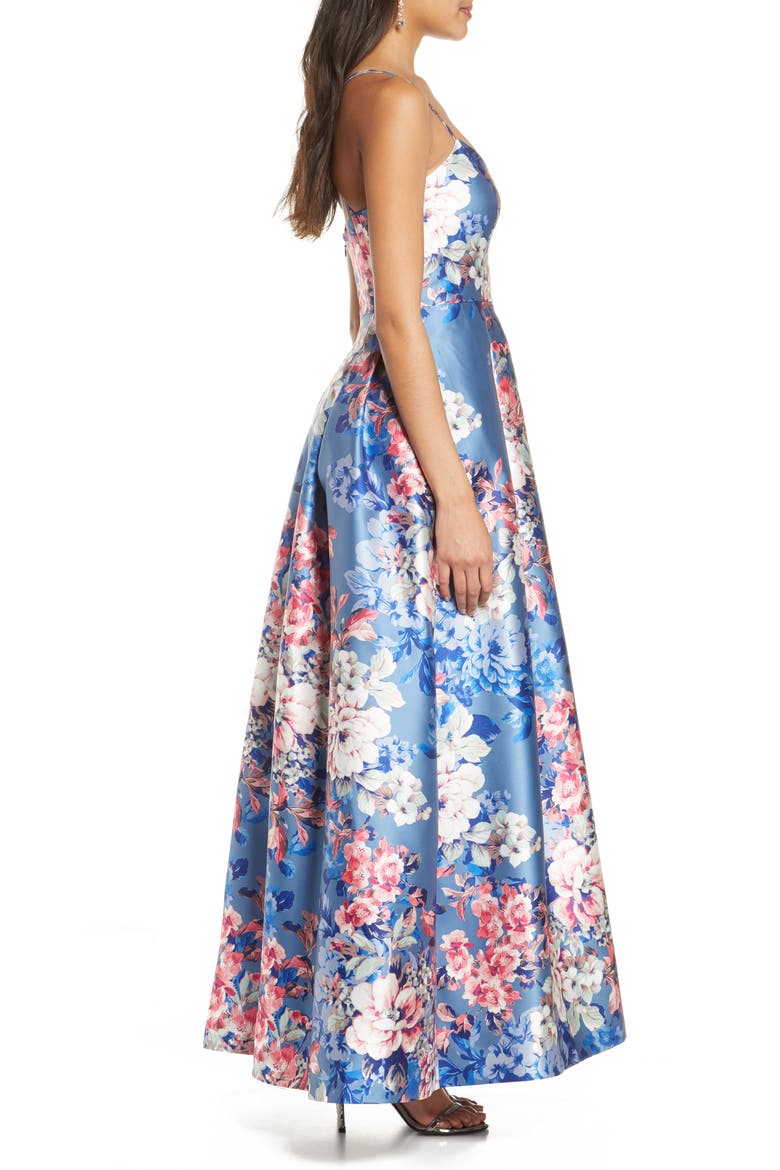 Floral Print Mikado Ballgown, Alternate, color, BLUE