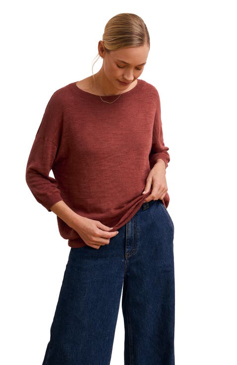 3/4 Sleeve Linen Blend Crew Neck Top