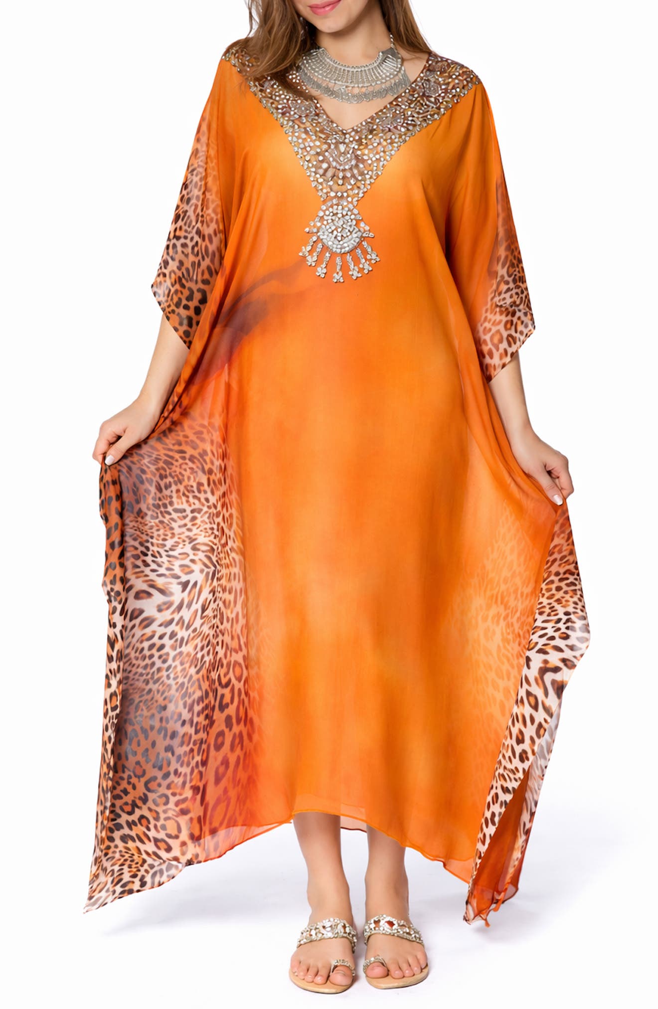 RANEES V-Neck Leopard Maxi Caftan