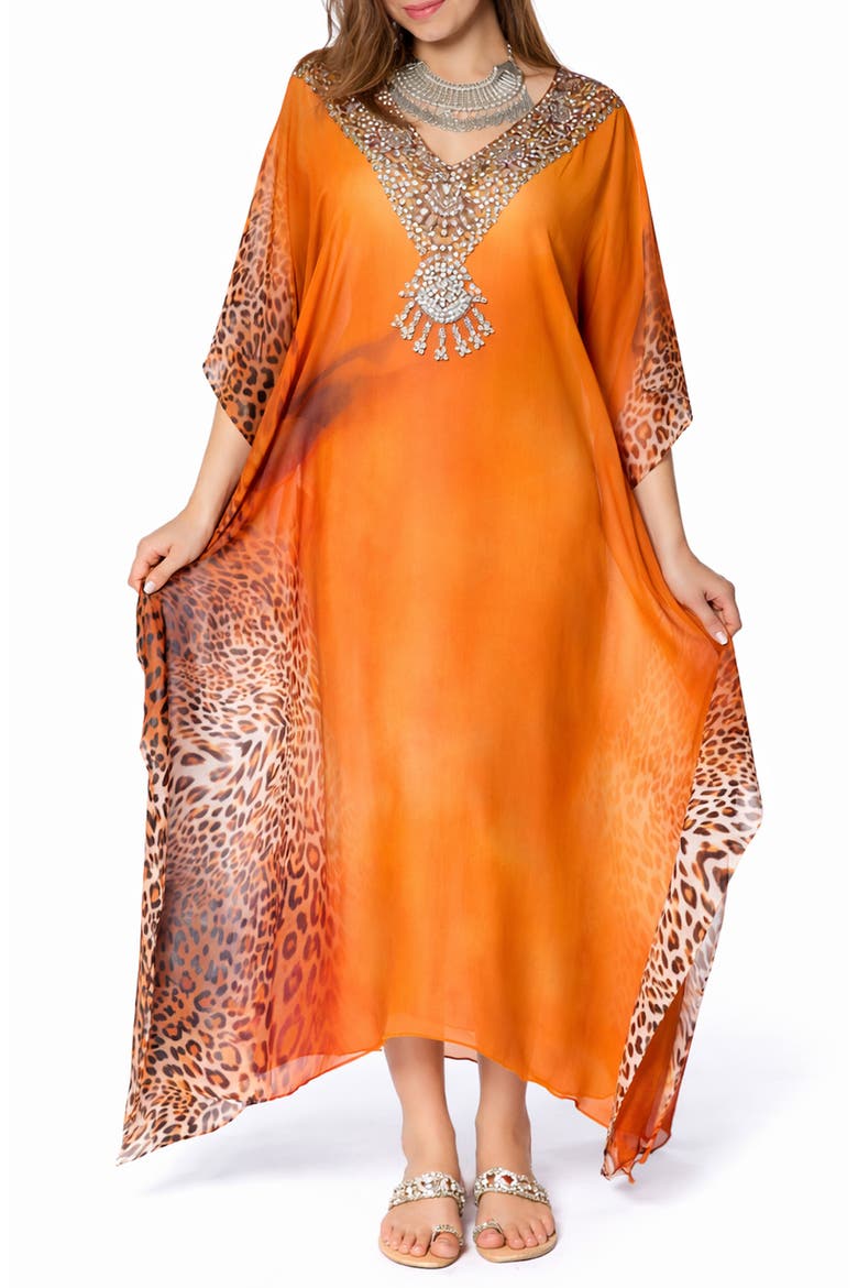 V-Neck Leopard Maxi Caftan, Main, color, ORANGE