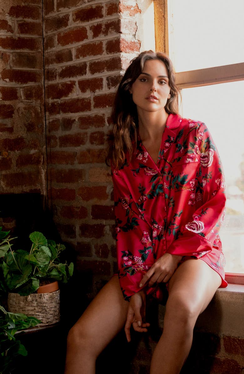 In Bloom by Jonquil Phoenix Long Sleeve Satin Short Pajamas, Alternate, color, Red